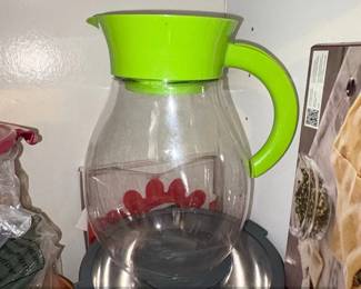 Vintage Glass Beverage Pitcher with Green Plastic Lid and Handle