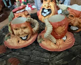Fitz and Floyd Halloween Pumpkin Teapot and Cups Set