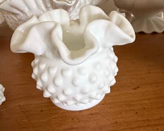 Vintage Fenton Milk Glass Hobnail Ruffled Vase