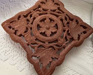 Vintage Hand-Carved Wooden Floral Trivet, Made in India