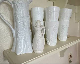 Vintage Indiana Glass Colony Harvest Milk Glass Pitcher and Cruet Set