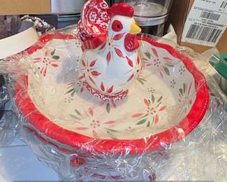 Temptations Old World Cranberry Rooster Serving Bowl