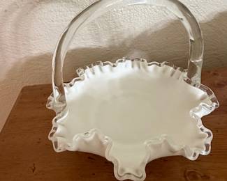 Vintage Fenton Silver Crest Milk Glass Basket with Bamboo Handle