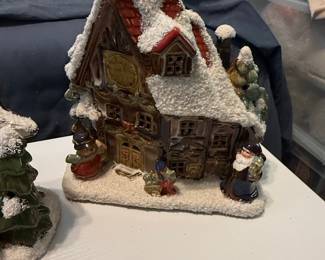 Vintage Ceramic Christmas Village "Town Hall" Building with Santa and Snowman