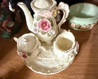 Vintage Capodimonte Style Miniature Porcelain Tea Set with Applied Roses