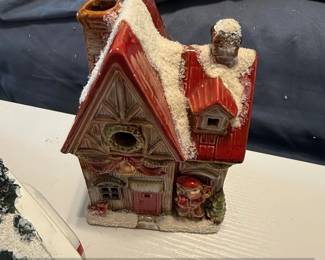 Vintage Ceramic Christmas Village House with Santa and Tree