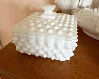 Vintage Fenton Milk Glass Hobnail Square Covered Candy Dish