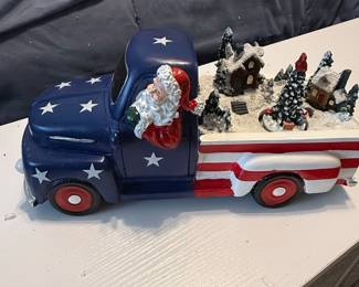 Patriotic Santa Christmas Truck with Village Scene