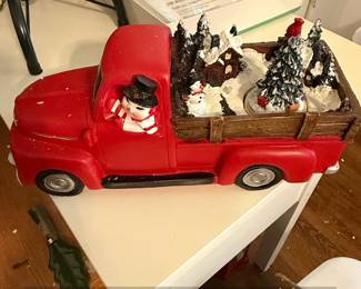 Snowman in Red Truck Christmas Tabletop Decoration