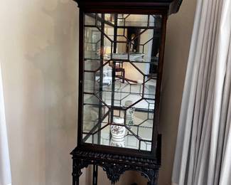 Chinese chippendale mahogany display cabinet pagoda top