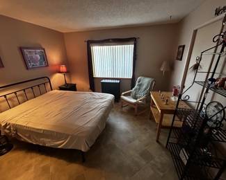 bedroom furniture, iron shelves & bedframe