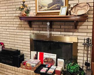 CDs and tapes, Windberg print, fireplace tools