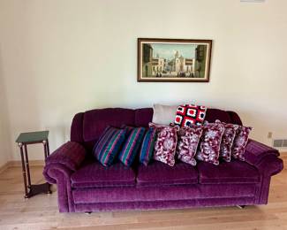 Stunning sofa, throw pillows, side table, art