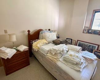 Bed frame and mattress, matching side tables, lamps, art