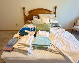 Bed frame and mattress, bedding, pillows, blankets, towels