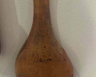 Handcarved Wooden rice spoon — Handcarved wooden mallet with a teardrop-shaped head and elongated handle; the piece shows tool marks and age-related patina consistent with regular use. Solid, dense hardwood construction visible in photos with a hanging hole drilled through the handle near the top. Good usable condition with surface wear, small dings and dark spots but no major cracks visible. A functional workshop piece or decorative rustic accent that measures roughly as noted below.