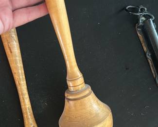 Wooden Kitchen Muddler/Pestle — Hand-turned wooden muddler or pestle with a long tapered handle and rounded bulbous end, suitable for mashing herbs or spices. The piece shows light surface wear and patina consistent with use and age but no major cracks or splits visible in photos. Smooth finish with simple ring-turned decoration on the handle; a practical accessory for rustic or vintage-style kitchens. Measured approximately for scale and sold as-is.
