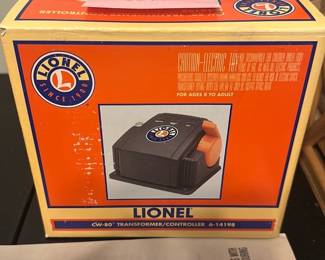 Lionel CW-80 Transformer/Controller — Lionel CW-80 transformer/controller in original box with owner’s manual shown. Classic Lionel train power controller for model trains; box shows some shelf wear but the pictured unit appears complete with the orange control knob. Includes instruction manual marked "CW-80 Transformer Owner's Manual." Condition is good overall with light cosmetic wear to the box and manual; functionality not tested here.