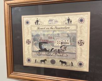 vintage framed Amish Scherenschnitte (scissor-cut) folk art piece titled "Blessed Are the Peacemakers"