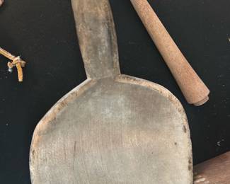 Handmade Wooden Spoon Paddle set — Large handmade wooden spoon/paddle with a carved oval bowl and a solid tapered handle. Shows age and wear with surface scratches, patina, and small edge dings consistent with long use or decorative display. Solid, utilitarian folk-wood construction — would suit rustic kitchen decor or as a farmhouse display piece. Measures approximately as listed and sold as shown; no maker's marks visible.