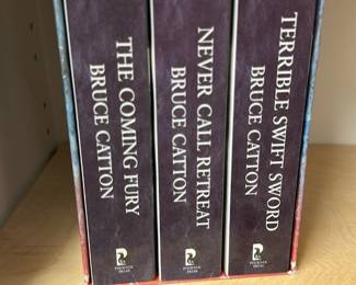 Bruce Catton Civil War 3-Vol Set — Three-volume boxed set of Bruce Catton Civil War histories in publisher slipcase containing The Coming Fury, Never Call Retreat, and Terrible Swift Sword. Spines show clear titles and author; slipcase has light shelf wear to corners but books appear complete with intact bindings. Good collectible reading set for Civil War history fans and Catton collectors. Measures approx. 9in tall for the set; see dimensions below.