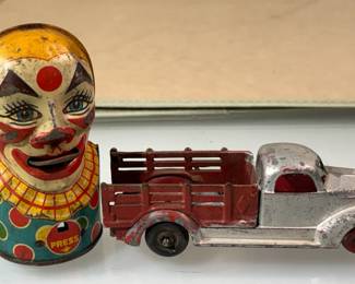 J. Chein  Co. tin litho clown coin bank  Holley Truck