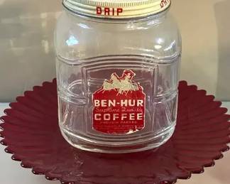 BenHur Glass Coffee Jar  Red Glass Pastry Plate