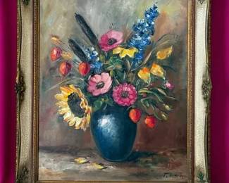 T. Longe Signed Floral Still Life Oil Painting