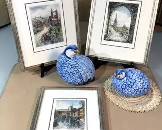 Quail figurines  Three Signed Tinted Etchings of Esslingen, Germany.