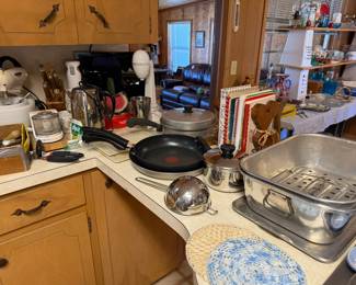 malt machine, mixer, roaster, small appliances, pots and pans, cook books