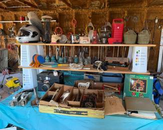 train tracks, helmet, lantern, canteens, insulators, owl