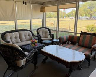 patio furniture, marble table, settee