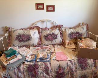 day trundle bed, embroidered pieces, doilies