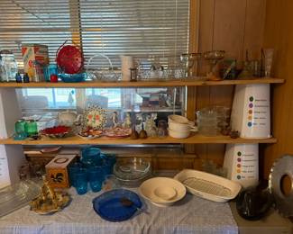 Corning Ware, pie plates, pitcher and glasses, rooster box, tin, kitchen ware