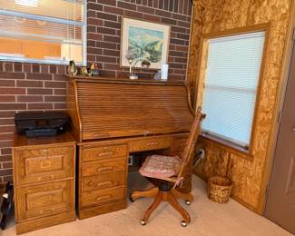 roll top desk, file cabinet, desk chair