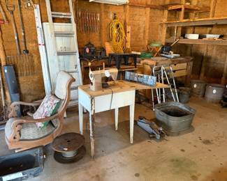 rocker, sewing machine, jack, extension cords, extension ladder, walkers, 
