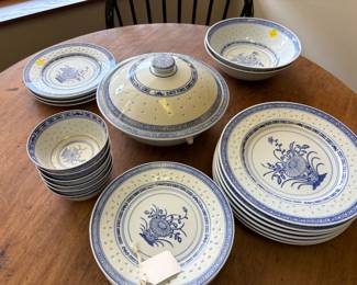 Vintage Jingdezhen China featuring a destinctive "rice eye" grain pattern w a blue and white Chrysanthemum design