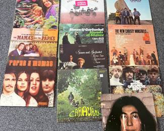 Albums: 1968 mama Cass, 1967 The Byrds Greatest Hits, 1971 Fly Yoko Ono, 1968 Papa’s and Mamas by Mamas and Papas , caravan has never been open London stereo PS 582, Simon, and Garfunkel, Parsley, Sage, Rosemary, and thyme, Simon and Garfunkel, 1966 Sounds of Silence, 1963 the new Christy Minstrels Tell Tall Tales, 1966 the mamas and papas if you can believe your eyes and ears, blood sweat, and tears, 1969 has never been opened, Cowsills, 1971 On My Side London Records, 1964 Fiddler on the Roof RCA, 1965 Dr. Zhivago, 1963 The Emperor’s New Clothes