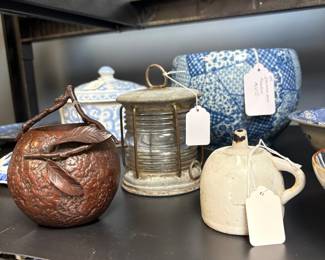 On your left is Japanese bronzed peach inscense burner or wall planter - signed with 2 holes in bottom which solidifies signature as authentic - very heavy, smal oil lamp, maritime small lamp