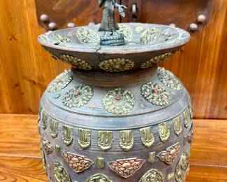 Antique Tibetan or Himalayan ritual water vessel - top figurine depicting a deity