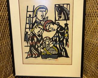 Stenciled hangs print titled “Manger Scene” by Sadao Watanabe in 1992. 21”x16” signed in English and Japanese.