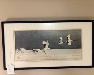 Artwork is a 1988 woodblock print titled "Tancho Crane" by Japanese artist Toshi Yoshida