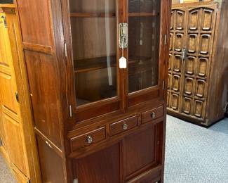 Asian solid wood curio display cabinet brass hardware. 36x71”