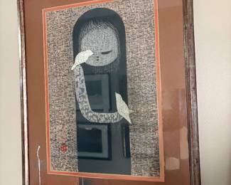Japanese woodblock print titled "Small Birds" by artist Kaoru Kawano. Mark in lower left hand corner