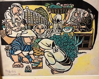 Woodblock print titled “Naha No Ichiba (The Market at Naha) created circa 1977 by Hiroshima Gima. Signed 26”x21”