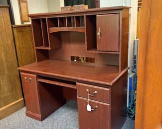 Cherry finish engineered wood desk hutch with storage compartment