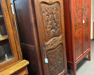 Antique French Bennetere possibly crafted from walnut or chestnut I ate floral carving. 27”x71”