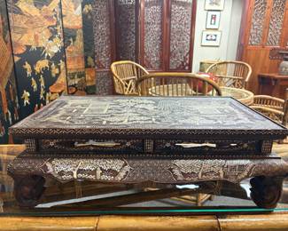Vintage Japanese lacquer, lol alter table with mother of pearl inlay.