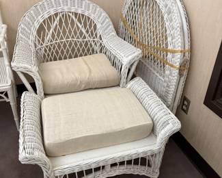 Wicker Woven Rattan Chair, Ottoman, Twin Headboards