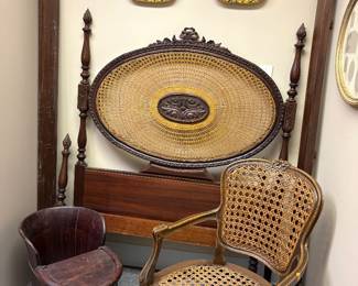 Antique Victorian Mahogany carved and caned oval headboard 4 poster bed. Between twin and full size w rails. Antique Chinese Child Feeding Chair and stroller.